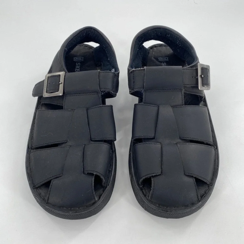 Skechers Mens Black Leather Fisherman Sandals Size 13 Buckle Adjustable‎ Comfort